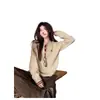 Suéter Tejido Bordado de Cachorro Perezoso Americano Estilo Primavera Cuello Henley Botón Manga Larga Mujer Otoño Invierno Bloque de Color Parte Inferior