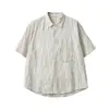 Camisa de Manga Corta Azul Casual Holgada Versátil de Verano, Camisa de Rayas Verticales Estilo Japonés Transfronteriza para Hombre Apo.