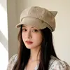 Chapéu Oitavado Xadrez Estilo Retrô Coreano com Orelhas de Gato, Doce e Estiloso para Primavera e Outono, Faz o Rosto Parecer Menor, Chapéu Versátil de Artista, Boné Bico de Pato