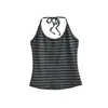 Top Regata Listrado Color Block Sexy Estilo Europeu e Americano com Amarração no Pescoço Verão Slim Fit Curto Base para Mulheres