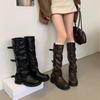 Botas Longas Versáteis com Salto Grosso Empilhado e Fivela de Cinto Botas Calça para Mulheres Outono e Inverno 2025 Novas Botas de Cavaleiro de Jeans de Alta Qualidade