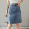 Falda de Jeans Tres Cuartos con Aberturas de Longitud Media para Mujer Verano 2025 Verano Cintura Alta Con Cuentas Aspecto Adelgazante Falda de Cadera Línea A Estilo Delgado