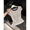 Top de punto calado con bloques de color 2026 para mujer, de manga corta, corte holgado, versátil, elegante, ligero para verano en color blanco roto con patrón de ondas