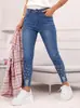 Calça jeans feminina europeia e americana com detalhes de pérolas, jeans cropped slim-fit elástico