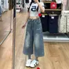 Pantalones cortos de mezclilla cropped con estampado de estrellas retro americano 2026 verano finos holgados lavados de pierna ancha