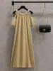 Vestido Elegante Soltinho de Ombro a Ombro Estilo Coreano Verão Plus Size Feminino Gordura mm Cobertura da Barriga Saia Midi Doce Francesa