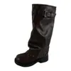 Botas com fivela, femininas, pretas, cano alto, estilo retrô, bico redondo novo, solado grosso, botas outono/inverno, botas femininas com salto grosso e aberturas largas na perna