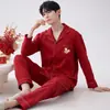 Pijama 100% Algodão Cardigan Lapela Masculino Grande Vermelho Novo Manga Longa Calça Conjunto de Duas Peças Roupas de Casa Tamanho Plus