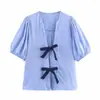 Moda Feminina Casual Verão Estilo Europeu e Americano Comércio Exterior Blusa Listrada com Gola Laço