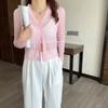 Top Curto de Malha Ice Silk Vazado 2026 Primavera/Verão Novo Feminino com Cordão Gola V Fina Blusa