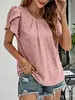 Camisa Bordada com Manga Bufante Estilo Europeu e Americano Transfronteiriça para Mulheres, Verão 2025, Caimento Solto, Elegante, Casual, Versátil, Gola Redonda, Manga Curta