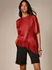 Bestseller transfronterizo europeo y americano, elegante camiseta de retazos de satén y encaje para mujer, corte holgado con mangas caídas y dobladillo irregular de encaje