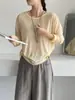 Camisa de Cobertura Nuvem Jiang Chi Gola Redonda Lyocell Fenda nas Costas Levemente Transparente Camiseta com Proteção Solar Top Casual Feminino 204