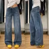 Jeans Reto de Cintura Alta para Mulheres Estilo Hot Girl Americana 2025 Novo Design Vintage Lavado Emagrecedor Calças Wide Leg Compridas