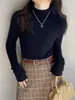 Nova Blusa de Manga Longa Feminina Gola Alta Malha de Lã Suéter de Inverno Top Preto