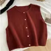 Colete de tricô justo de gola redonda com botões dourados pequenos, estilo Harajuku japonês, de abotoamento simples, para mulheres, colete de outer wear japonês e coreano