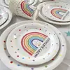 Decoración de Cumpleaños Set de Platos de Papel Arcoíris Taza de Plato de Papel Cuchillo Tenedor Cuchara Servilleta de Mesa Feliz Cumpleaños Decoraciones