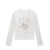Camiseta Branca de Algodão Puro com Gola Redonda e Mangas Longas para Mulheres, Novo Estilo Primavera e Outono, Estampa de Gato Cartoon, Rejuvenescedora, Versátil, Modelagem Justa, Blusa Emagrecedora para Mulheres
