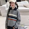 Conjunto de Suéter de Punto con Cuello Polo a Rayas y Bloques de Color Otoño/Invierno para Niñas de Edad Media/Mayor, Conjunto de Dos Piezas con Pantalones Anchos Estilo Escolar, Moderno