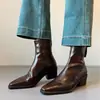 En Stock Botines Retro Cuadrados de Tacón Grueso Piel Suave Patchwork Botas Chelsea Versátiles Negras para Mujer Nuevo Estilo Delgado