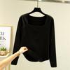 Camisa de terciopelo de estilo coreano de otoño e invierno, camiseta de cuello cuadrado de manga larga, ropa interior de mujer, top grueso y cálido con forro polar de corte ajustado de talla grande