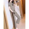 Verano Nuevo Elegante a la Moda Reductor de Edad Fresco Rayado Casual Camiseta de Manga Corta Traje de Pantalón de Pierna Ancha Conjunto de Dos Piezas para Mujer