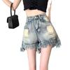 Verão 2024 Novo Design com Franjas Cintura Alta Senso de Design Soltos Modelo A Shorts Quentes Tendência Ins Retrô Jeans Quente Shorts para Mulheres