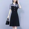 Moda para Mujer Tallas Grandes 2026 Verano Nuevo Estilo para Mujeres Curvilíneas, Elegante Vestido de Longitud Media Estilo Francés Moderno Adelgazante con Bloques de Color Juvenil
