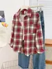 Camisa de Mujer de Amazon Transfronteriza Estilo Retro Americano Versátil Cuello Camisero Holgada Manga Larga de Primavera Bolsillo Cuadros