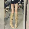 Estilo europeo y americano, botas de tacón alto de aguja puntiagudas retro de moda para mujer, plisadas de doble uso, botas altas color gris caqui