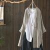 En Stock Verano 2026 Nuevo Vintage Longitud Media Color Sólido Cuello Redondo Algodón Lino Manga Larga Camisa Gabardina