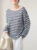 Ropa Especial Zhengqi / Top de punto suelto a rayas blancas y negras, hombros descubiertos y hilo de papel para mujer, primavera/verano, manga larga, calado, protección solar