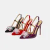 Zapatos de tacón alto sin espalda con cristales, talla grande 35-46, tacón de aguja, moda francesa, punta fina poco profunda, sandalias de charol