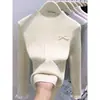 Top de punto de manga larga con cuello redondo y encaje de corbata de lazo para mujer, nueva camisa básica ajustada de otoño e invierno