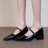Zapatos Mary Jane de punta estilo francés con una sola correa de hebilla, versátiles para mujer, nuevo modelo otoño 2026, tacón grueso, zapatos de cuero negro