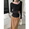SINAN Otoño Nuevo Irregular Asimétrico Hombro Cuello Halter Cinta Ajustado Manga Larga Camiseta SN9373
