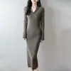 Elegante vestido de punto acanalado de lana pura con estampado de frutas verdes para mujer, ajustado, para otoño e invierno, de cuerpo ceñido, largo, adecuado para ir al trabajo y como capa interior