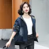 Jaqueta Jeans Casual com Capuz Estampada Retrô para Mulheres Nova Coleção Primavera e Outono 2025 Tamanho Grande Solta Jaqueta Baseball