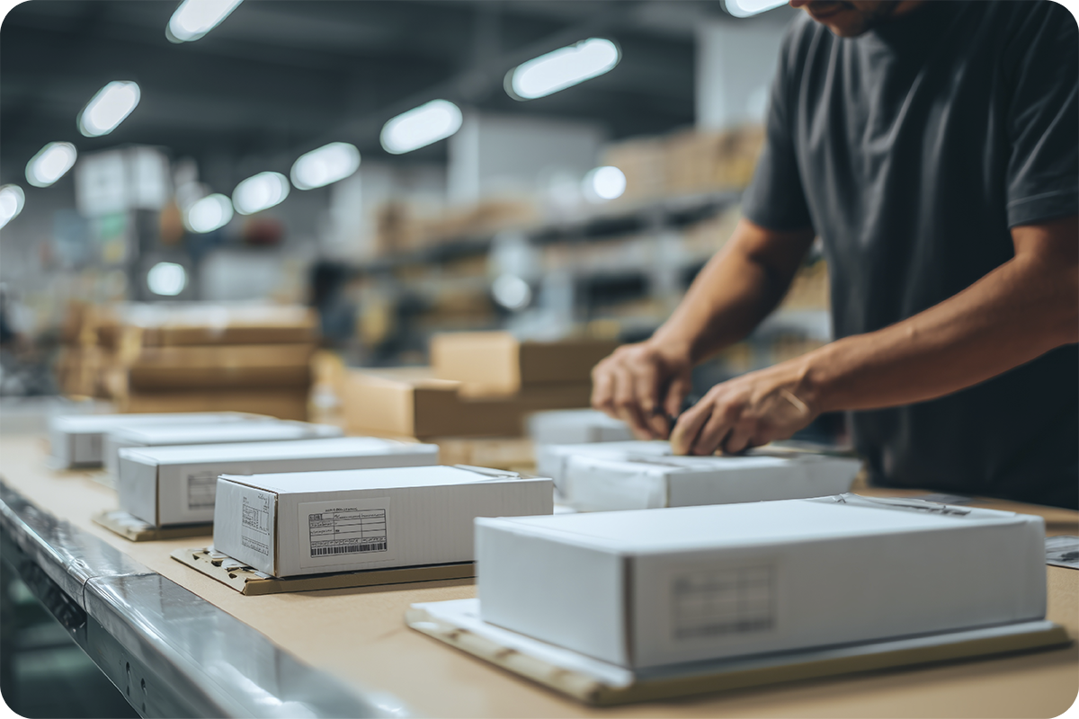 Inspetor realizando controle de qualidade na importação da China durante inspeção pré-embarque de produtos embalados em linha de produção.