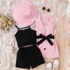 Traje de verão para meninas da Europa e dos Estados Unidos conjunto infantil base de colete + shorts + jaqueta sem mangas + Chapéu conjunto de quatro peças
