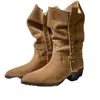 Botas de Tacón Grueso con Hebilla Puntiagudas Estilo Retro Apiladas para Mujer Temporada Otoño 2026 Nuevas Botas Vaqueras Occidentales Versátiles Adelgazantes