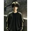 Ropa Deportiva de Baloncesto Transfronteriza Camiseta Rayada de Hilo Doble Negra Americana Sudadera con Capucha Camiseta de Manga Larga con Cuello Redondo para Mujer Falsa de Dos Piezas para Hombre