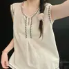 Elegante Conjunto de Pijama Versátil Bordado de Bloques de Color para Mujer, Nuevo Estilo de Verano con Shorts y Camiseta sin Mangas Casual Conjunto de Dos Piezas para Estar en Casa