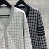 TIME BREATHE TB Cardigan de Tricô Xadrez Outono/Primavera Novo Quatro Listras Casual Botão Jaqueta de Tricô