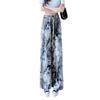 Pantalones Frescos con Aire Acondicionado Seda de Hielo Tie-Dye Pierna Ancha para Mujer Delgados Talla Grande Verano Cintura Alta Drapeados Rectos Casuales Largo Hasta el Piso