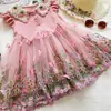 Vestido de Malla para Niña Verano Fresa Cuello de Ganchillo Mariposa Tridimensional Mangas Volantes Parche Bordado Floral Vestido de Princesa