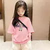 Camiseta de Manga Corta de Algodón Puro para Niñas, Top de Ropa Infantil de Dibujos Animados Moderno y a la Moda, Camiseta Casual Versátil de Cuello Redondo para Bebés Niñas, Manga Media