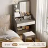 Tocador pequeño para dormitorio con espejo con luz LED, cajones para almacenamiento, diseño simple e incluye un taburete de maquillaje