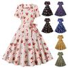 Vestido de Natal transfronteiriço para fantasias fábrica de vestuário feminino de comércio exterior vestido de balanço grande estampado retrô de manga curta com gola quadrada europeu e americano