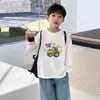Camiseta de Manga Longa para Meninos para Primavera e Outono 100% Algodão Puro Infantil Média e Grande Infantil Top Casual Camada Base Estampada Roupas de Outono Solta